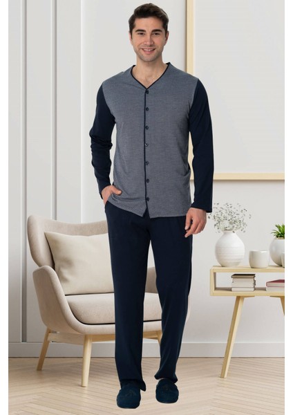 Mecit 2774 Lacivert Önden Düğmeli Büyük Beden Erkek Pijama Takımı