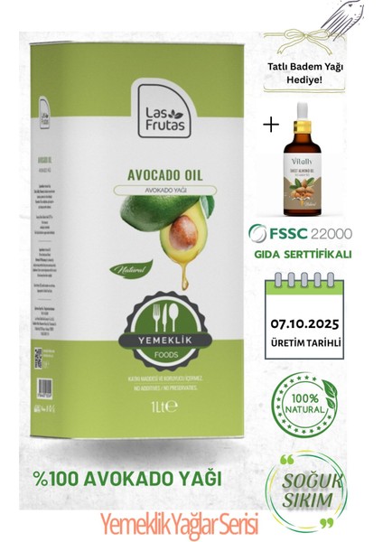 Yemeklik Avokado Yağı 1 Litre – Soğuk Sıkım, Saf & Doğal