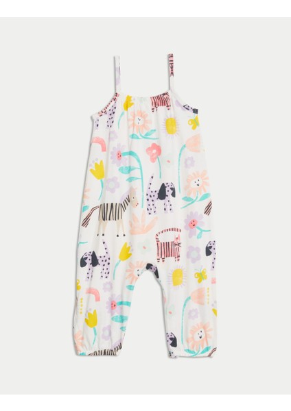 Saf Pamuklu Desenli Askılı Tulum (0-3 Yaş)