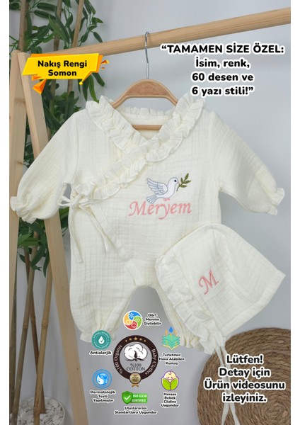 Müslin Yeni Doğan 4katlı Organik %100PAMUK Kişiye Özgü Nakışlı Hastane Çıkış Seti (Kuş Model-3)