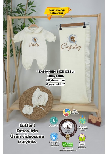 Müslin Yeni Doğan 4katlı Organik %100PAMUK Kişiye Özgü Nakışlı Hastane Çıkış Seti (Ayıcık Model 4)