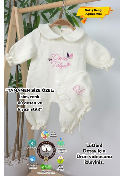 Müslin Yeni Doğan 4katlı Organik %100PAMUK Kişiye Özgü Nakışlı Hastane Çıkış Seti-Ikili Kelebek