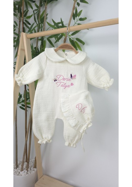 Müslin Yeni Doğan 4katlı Organik %100PAMUK Kişiye Özgü Nakışlı Hastane Çıkış Seti-Ikili Kelebek fiyatları
