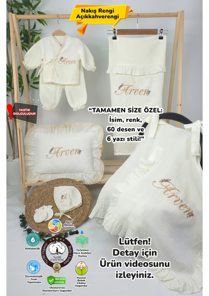 Müslin Yeni Doğan 4katlı Organik %100PAMUK Kişiye Özgü Nakışlı Hastane Çıkış Seti-Papatya