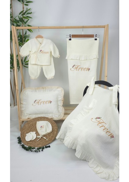 Müslin Yeni Doğan 4katlı Organik %100PAMUK Kişiye Özgü Nakışlı Hastane Çıkış Seti-Papatya fiyatları