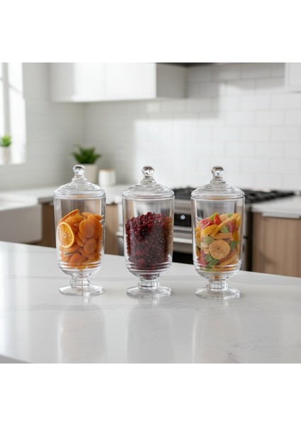 3’lü Çember Desen Tezgah Üstü Uzun Cam Drajelik-Baharatlık-Kavanoz Seti 3X950 Cc.