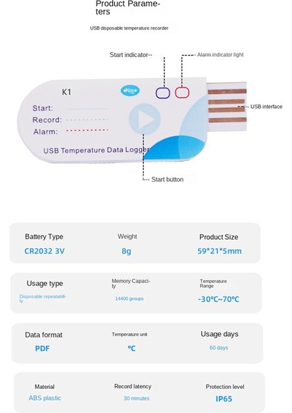 USB Sıcaklık Veri Günlüğü 14400 Puan USB Raporu 60 Gün IP65 Tek Kullanımlık Kayıt Cihazı (Yurt Dışından) fiyatları