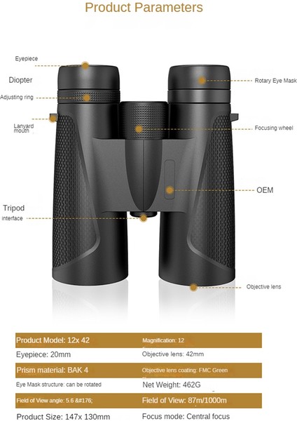 12X42 Açık Hava Gezisi, Spor, Seyahat ve Stargazing Için Uygun Yüksek Tanımlı Binoküler Optik Teleskop (Yurt Dışından) fiyatları