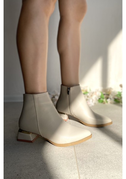 Krem Cilt 4 cm Kalın Galvaniz Topuklu Şık Günlük Kadın Bot TMD2024800 fırsatları