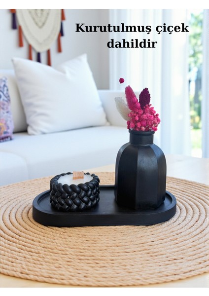 Dekoratif Vazo ( Çiçek Hediyemizdir), Mum ve Tabak 3’lü Set, Modern Masa Üstü Dekor