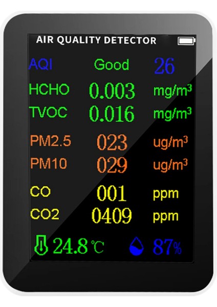 9 Portable Hava Kalitesi Sayaç Pm2.5 PM10 Co2 Tvoc Hcho Aqı Sıcaklık Nem Test Cihazı Renk Ekran, Beyaz (Yurt Dışından) indirimleri