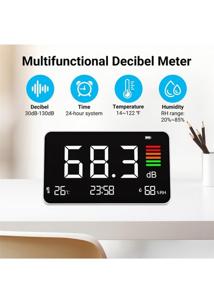 Desibel Metre, Dijital Ses Seviyesi Metre 30-130DB, LED Ekran Masaüstü Gürültü Süresi Sıcaklık Nem Ölçer (Yurt Dışından) indirimleri