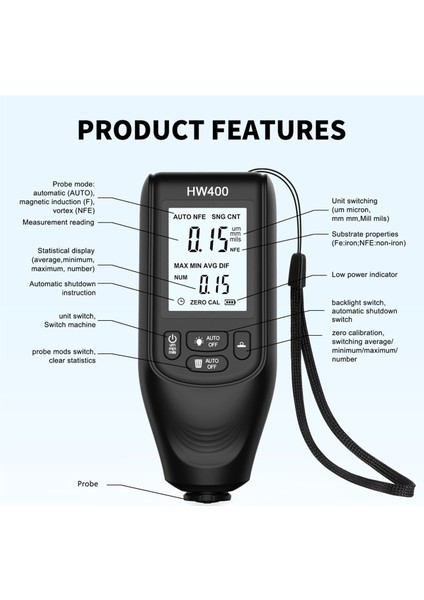 Otomatik HW400 Araç Boya Kalınlık Göstergesi 0-2000UM Muayene Araçları Test Cihazı Dijital Araba Boya Ölçüm Cihazı Siyah (Yurt Dışından) indirimleri