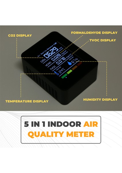 5 Arada 1 Hava Kalitesi Monitörü Tvoc Hcho Sıcaklık Nemi Co2 Metre, USB Şarj Edilebilir Co2 Dedektör Siyah (Yurt Dışından) indirimleri