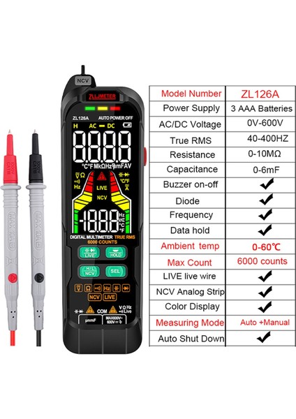 Zlljmetre Smart Multimetre Dijital Ac Dc Akım Voltaj Dedektörü Kalem Kapasitans Temp Otomatik Aralık Test Cihazı Multimetre ZL126A (Yurt Dışından) modelleri