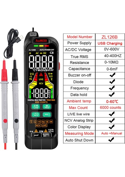 Zlljmetre Smart Multimetre Dijital Ac Dc Akım Voltaj Dedektörü Kalem Kapasitans Temp Otomatik Aralık Test Menimetresi ZL126B (Yurt Dışından) indirimleri