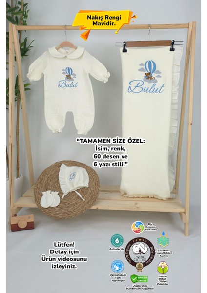 Müslin Yeni Doğan 4katlı Organik %100PAMUK Kişiye Özgü Nakışlı Hastane Çıkış Seti (Ayıcık Model-3)