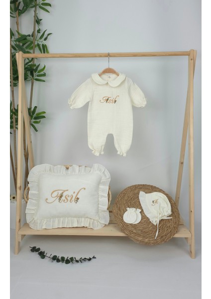 Müslin Yeni Doğan 4katlı Organik %100PAMUK Kişiye Özgü Nakışlı Hastane Çıkış Seti (Papatya Model-3)