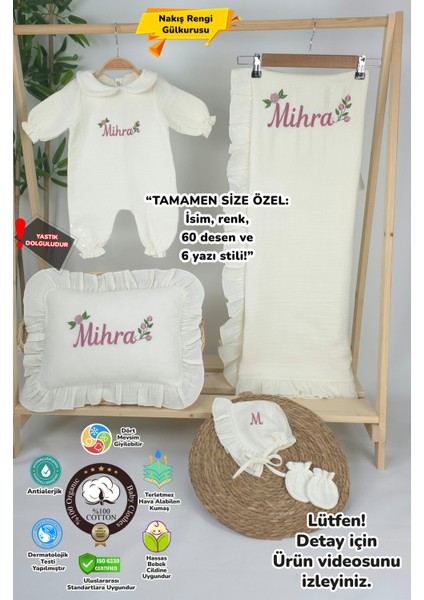 Müslin Yeni Doğan 4katlı Organik %100PAMUK Kişiye Özgü Nakışlı Hastane Çıkış Seti- Güllü Model-1