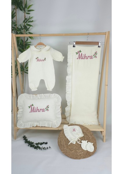 Müslin Yeni Doğan 4katlı Organik %100PAMUK Kişiye Özgü Nakışlı Hastane Çıkış Seti- Güllü Model-1 fiyatları
