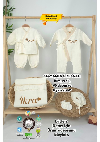 Müslin Yeni Doğan 4katlı Organik %100PAMUK Kişiye Özgü Nakışlı Hastane Çıkış Seti (Kalpli Model-6)