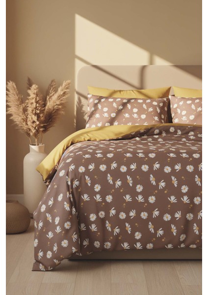Kahve Papatyalı Çift Kişilik Nevresim Takımı Pamuklu