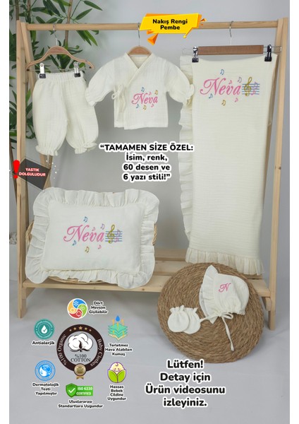 Müslin Yeni Doğan 4katlı Organik %100PAMUK Kişiye Özgü Nakışlı Hastane Çıkış Seti (Nota Model)
