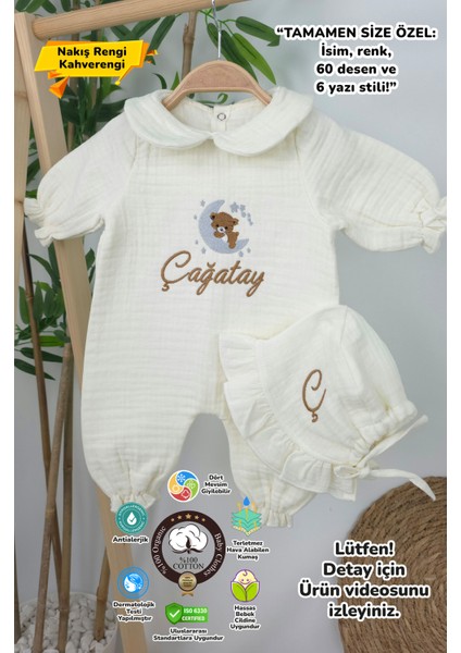 Müslin Yeni Doğan 4katlı Organik %100PAMUK Kişiye Özgü Nakışlı Hastane Çıkış Seti (Ayıcık Model 4)