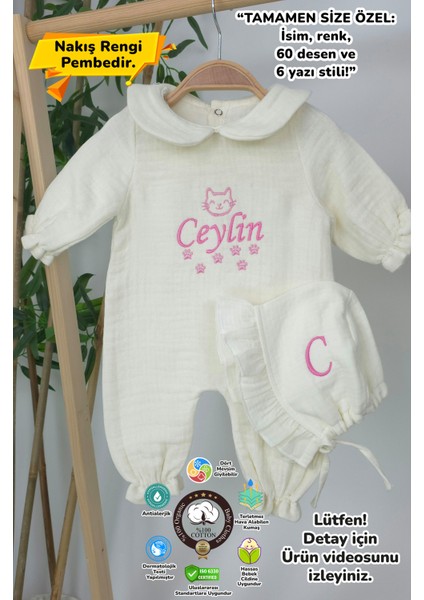 Müslin Yeni Doğan 4katlı Organik %100PAMUK Kişiye Özgü Nakışlı Hastane Çıkış Seti (Kedi Patisi)