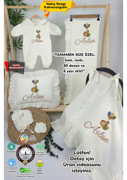Müslin Yeni Doğan 4katlı Organik %100PAMUK Kişiye Özgü Nakışlı Hastane Çıkış Seti-Aslan Model