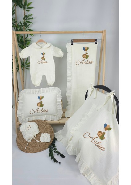 Müslin Yeni Doğan 4katlı Organik %100PAMUK Kişiye Özgü Nakışlı Hastane Çıkış Seti-Aslan Model fiyatları