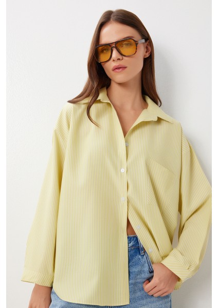 Çizgili Oversize Dokuma Gömlek LDZ0050 Sarı