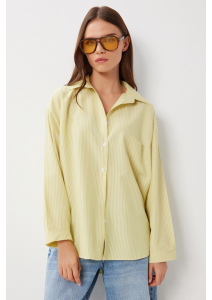 Çizgili Oversize Dokuma Gömlek LDZ0050 Sarı modelleri