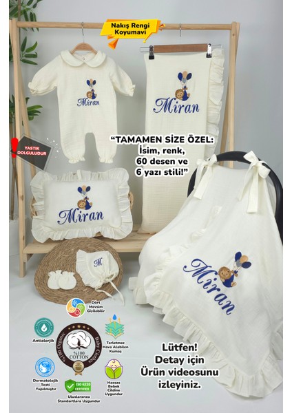 Müslin Yeni Doğan 4katlı Organik %100PAMUK Kişiye Özgü Nakışlı Hastane Çıkış Seti (Balonlu Aslan-4)