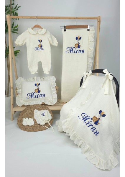 Müslin Yeni Doğan 4katlı Organik %100PAMUK Kişiye Özgü Nakışlı Hastane Çıkış Seti (Balonlu Aslan-4) fiyatları