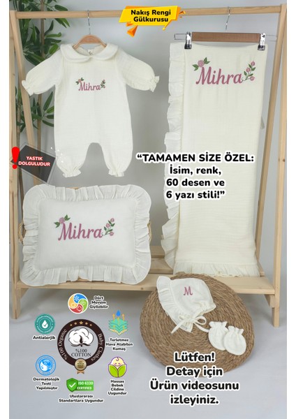 Müslin Yeni Doğan 4katlı Organik %100PAMUK Kişiye Özgü Nakışlı Hastane Çıkış Seti (Güllü Mode-3)