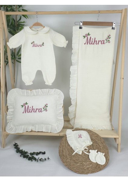 Müslin Yeni Doğan 4katlı Organik %100PAMUK Kişiye Özgü Nakışlı Hastane Çıkış Seti (Güllü Mode-3) fiyatları
