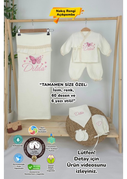 Müslin Yeni Doğan 4katlı Organik %100PAMUK Kişiye Özgü Nakışlı Hastane Çıkış Seti (Çoklu Kelebek-3)