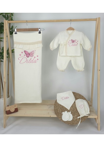 Müslin Yeni Doğan 4katlı Organik %100PAMUK Kişiye Özgü Nakışlı Hastane Çıkış Seti (Çoklu Kelebek-3) fiyatları