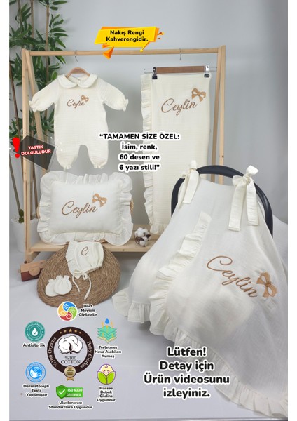 Müslin Yeni Doğan 4katlı Organik %100PAMUK Kişiye Özgü Nakışlı Hastane Çıkış Seti-Kurdele Model