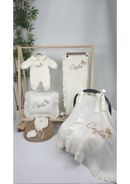 Müslin Yeni Doğan 4katlı Organik %100PAMUK Kişiye Özgü Nakışlı Hastane Çıkış Seti-Kurdele Model fiyatları