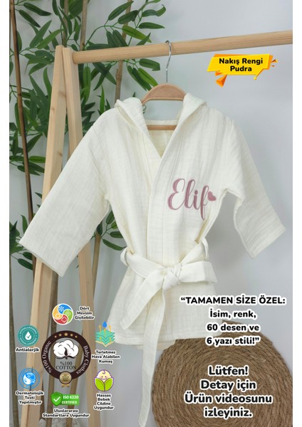 Müslin Yeni Doğan 4katlı Organik %100PAMUK Kişiye Özgü Nakışlı Kalpli Bornoz (0-2 Yaş)