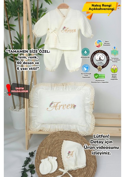 Müslin Yeni Doğan 4katlı Organik %100PAMUK Kişiye Özgü Nakışlı Hastane Çıkış Seti-Papatya