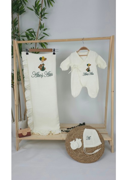 Müslin Yeni Doğan 4katlı Organik %100PAMUK Kişiye Özgü Nakışlı Hastane Çıkış Seti-Yeşil Ayıcık Balon