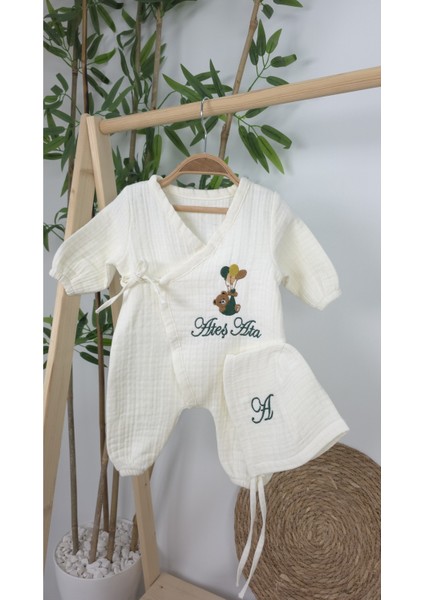 Müslin Yeni Doğan 4katlı Organik %100PAMUK Kişiye Özgü Nakışlı Hastane Çıkış Seti-Yeşil Ayıcık Balon modelleri