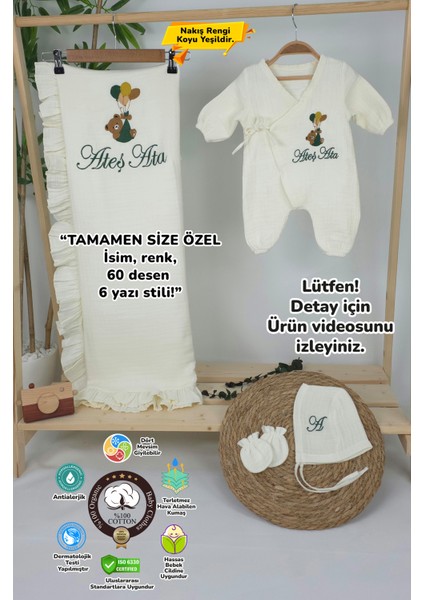 Müslin Yeni Doğan 4katlı Organik %100PAMUK Kişiye Özgü Nakışlı Hastane Çıkış Seti-Yeşil Ayıcık Balon fırsatları