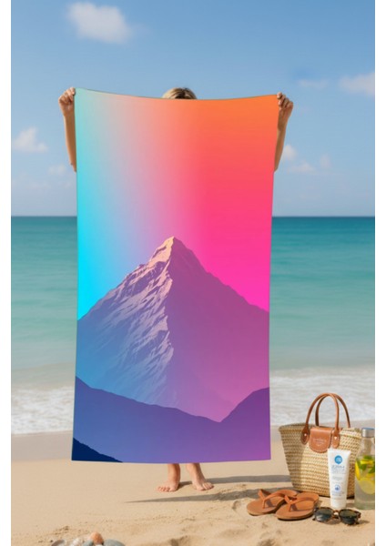 Pembe Dağ Pamuk Plaj Havlusu – Desenli Tasarım – 75X150 cm