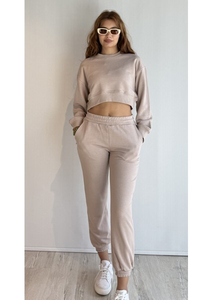 Kadın Bisiklet Yaka Uzun Kollu Crop Top Sweatshirt Eşofman Takımı