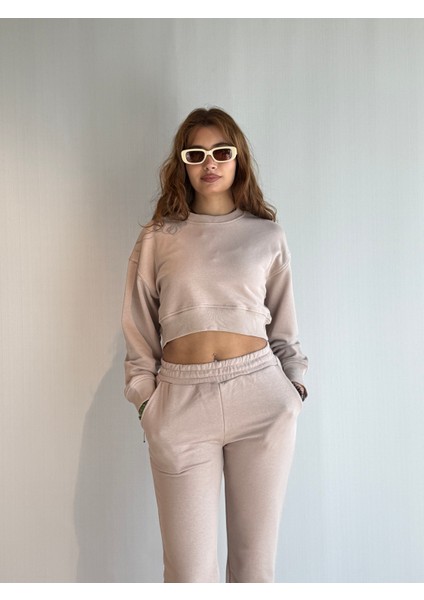 Kadın Bisiklet Yaka Uzun Kollu Crop Top Sweatshirt Eşofman Takımı fiyatları