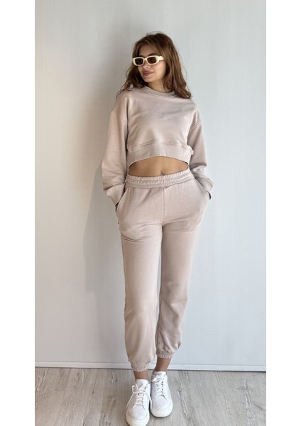 Kadın Bisiklet Yaka Uzun Kollu Crop Top Sweatshirt Eşofman Takımı modelleri